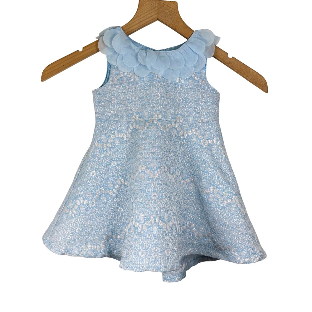 Blue Floral Metallic Jacquard Dress Girls 18M Petal Collar party wedding fancy